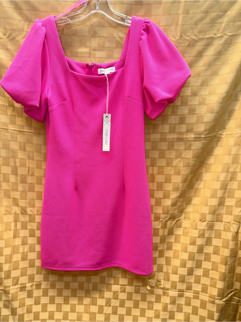 She + Sky Hot Pink Puff-Sleeve Mini Dress